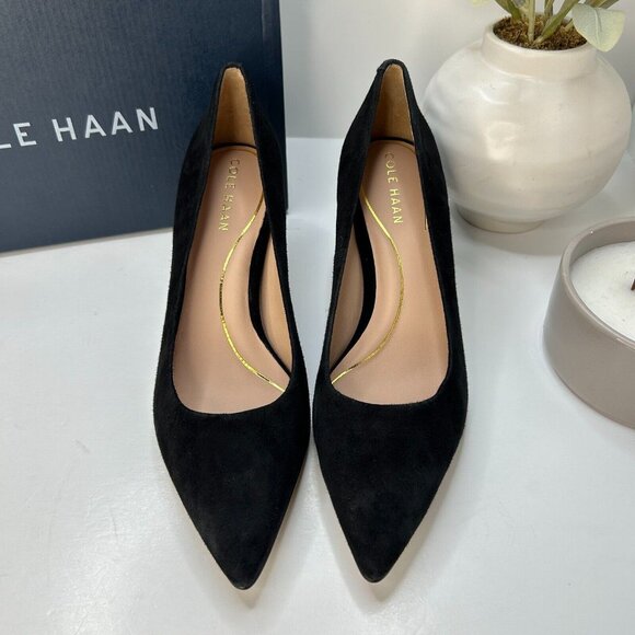 Cole Haan Vandam Suede Leather Pumps 65MM Pointed Toe Black - Picture 3 of 12